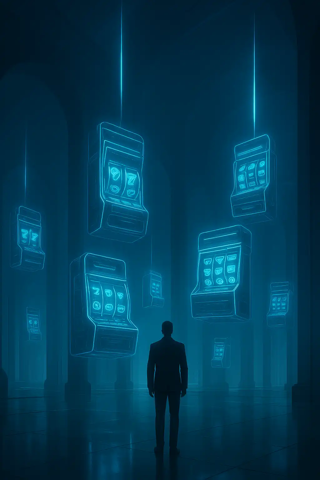 Futuristic quantum casino floor with holographic slot machines and blue energy lighting
